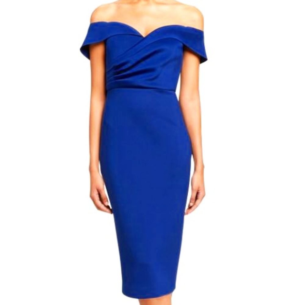 Badgley Mischka Off-the-Shoulder Draped Top Dress